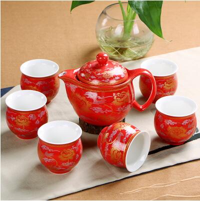 Red & Gold Good Luck Chinese Wedding Tea Cups & Tea Pot for Engagement Ceremony - Blossom Wedding